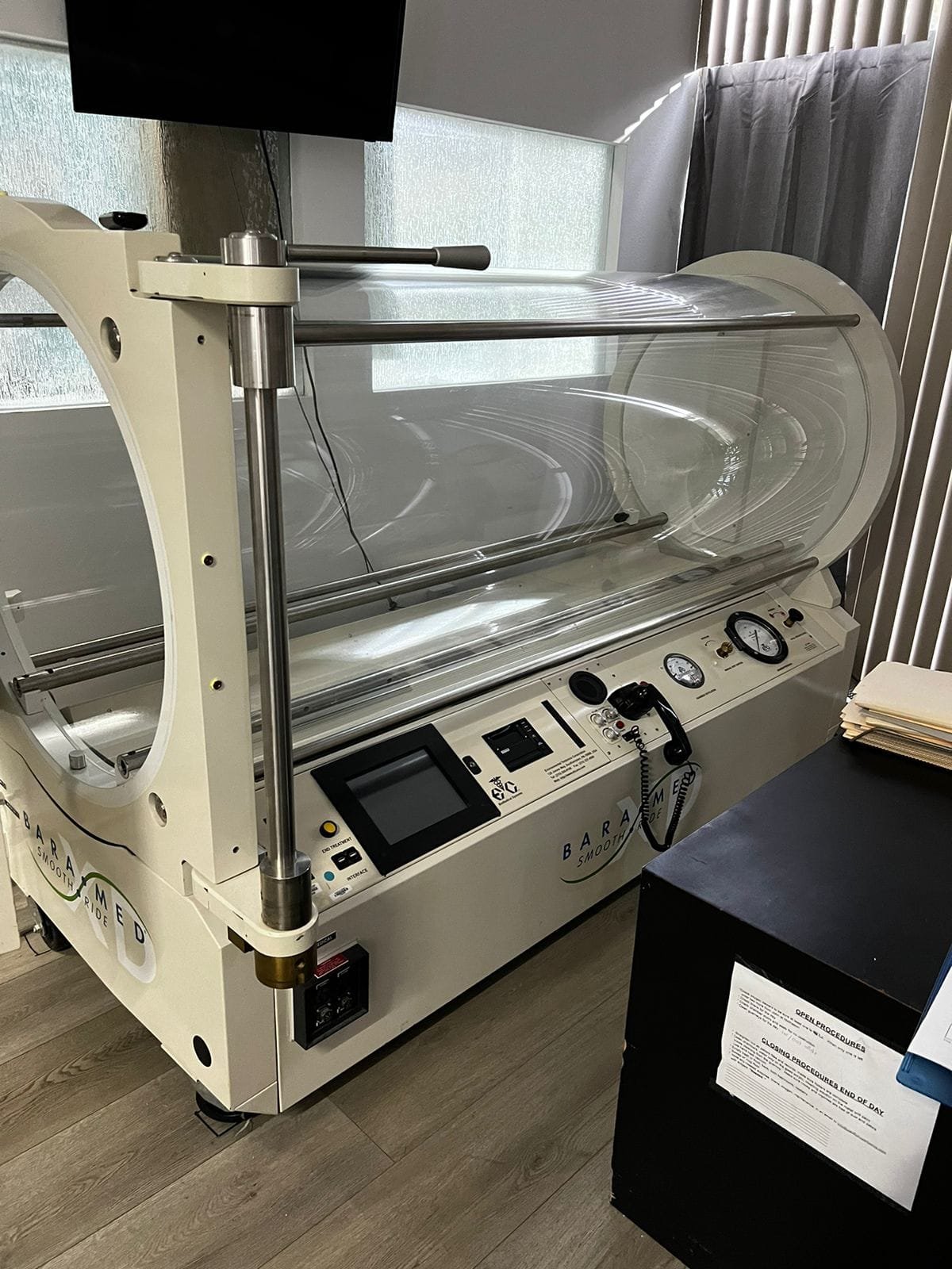 White medical-grade hyperbaric chamber at Pacific Hyperbarics — Madras